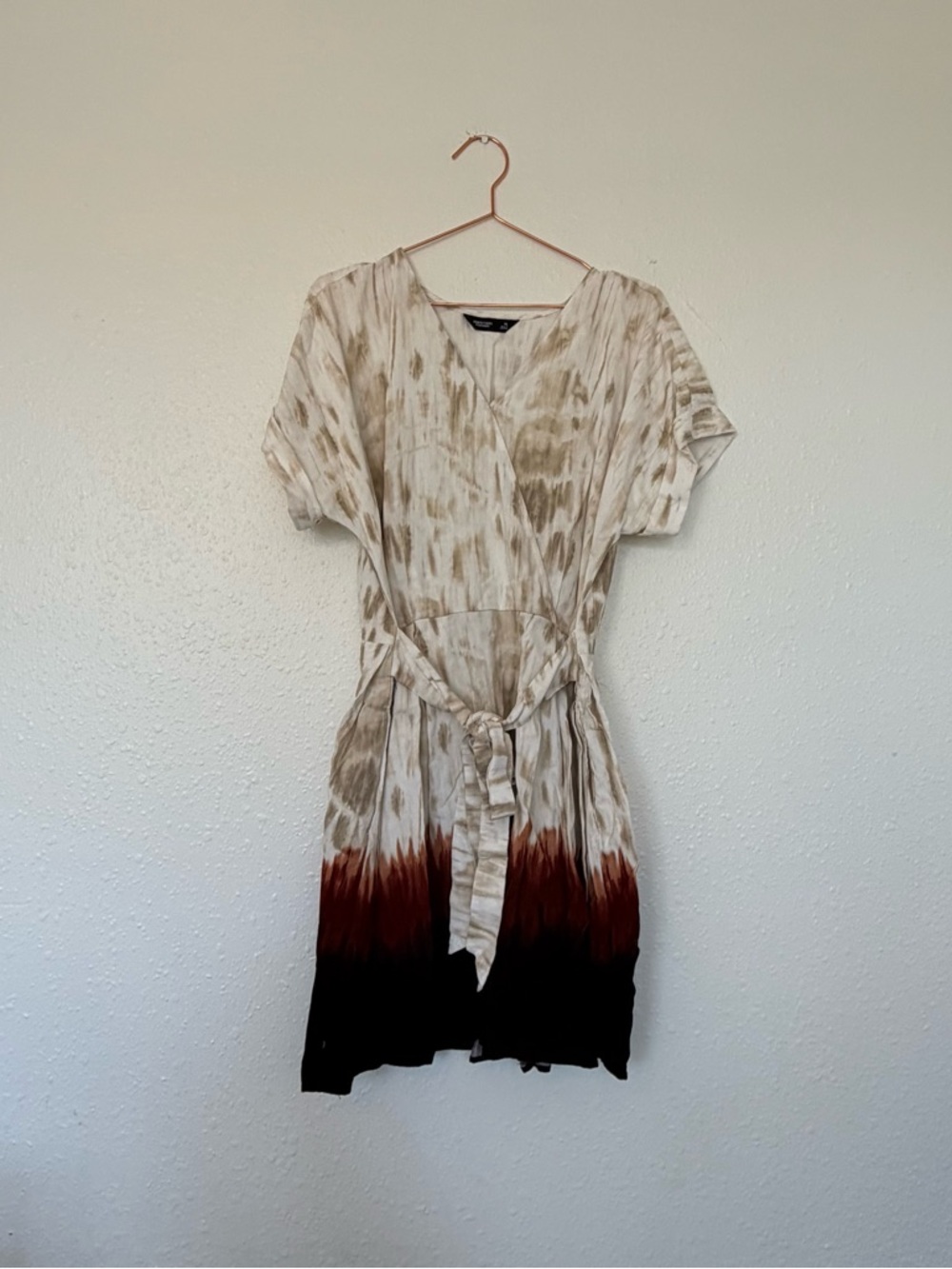 Tie-Dye Wrap Dress with Waist Tie - Cream, Brown & Black
